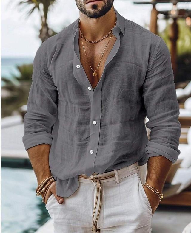grey textured long-sleeve casual button-up shirt
