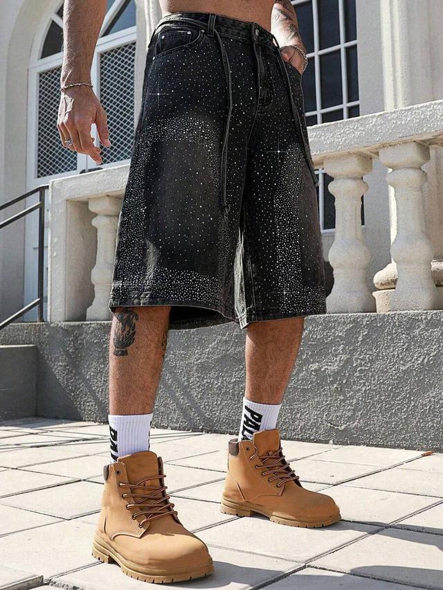 sparkling diamond embellished black denim bermuda jorts