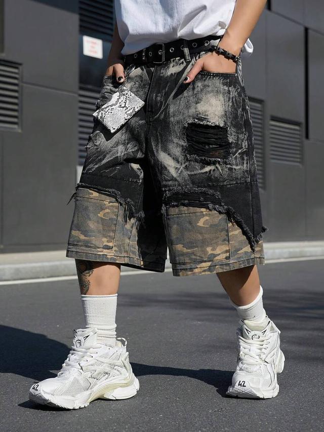 camouflage print distressed wide leg bermuda denim shorts