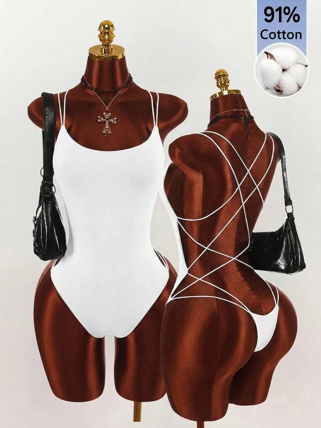 white double spaghetti strap backless criss-cross bodysuit