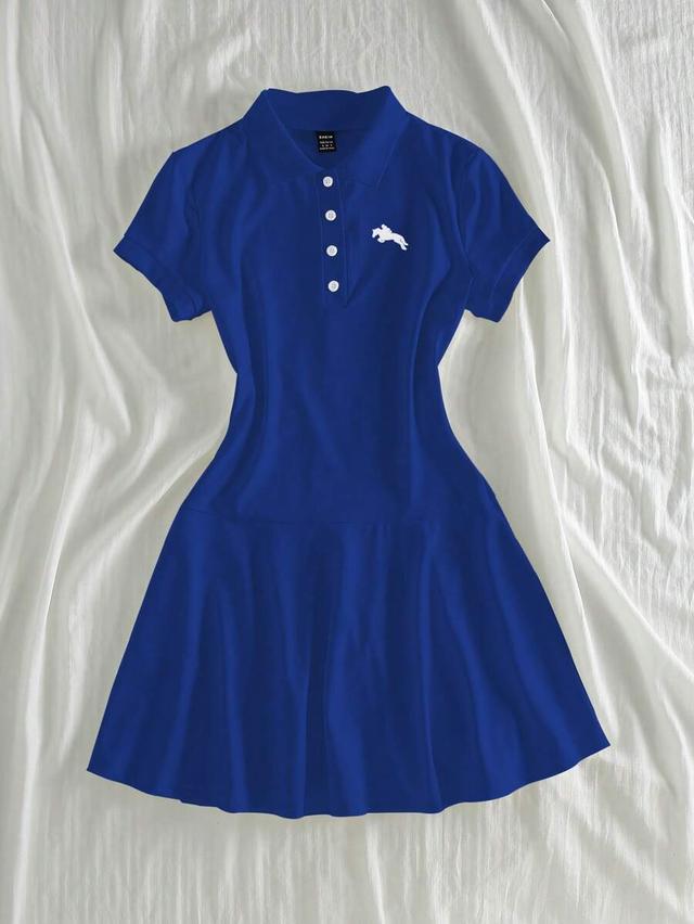 blue polo collar casual summer knight print dress