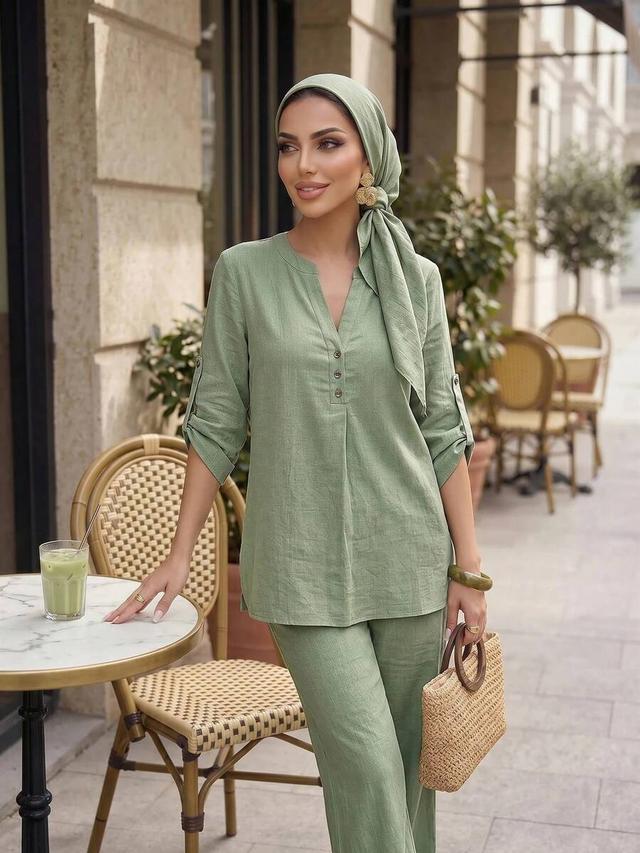 sage green linen blend v-neck button-up casual shirt