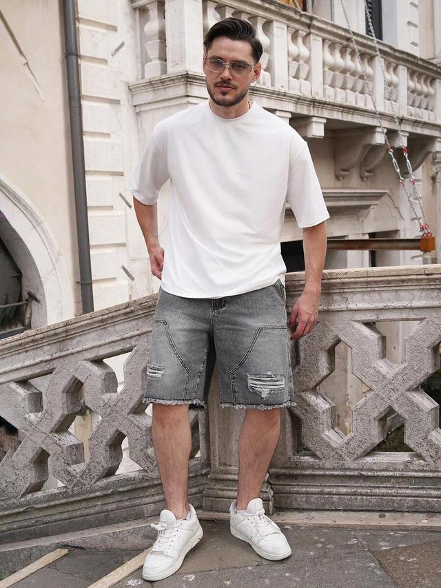 men's grey washed denim shorts with frayed edges