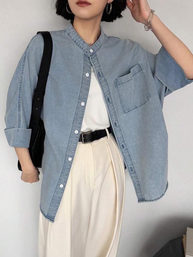 light wash denim single-breasted casual loose top