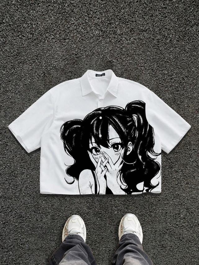 white cotton short sleeve shirt with anime graphic print