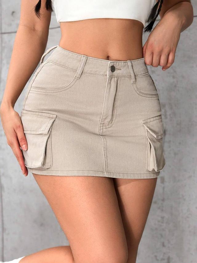 beige denim cargo mini skirt