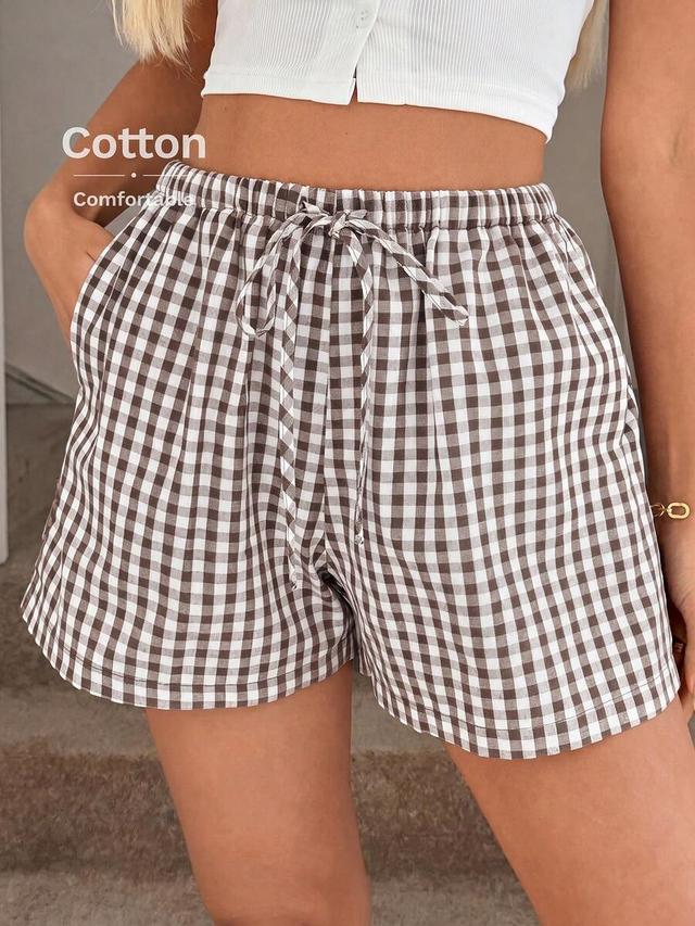 white and brown plaid casual elastic waist shorts