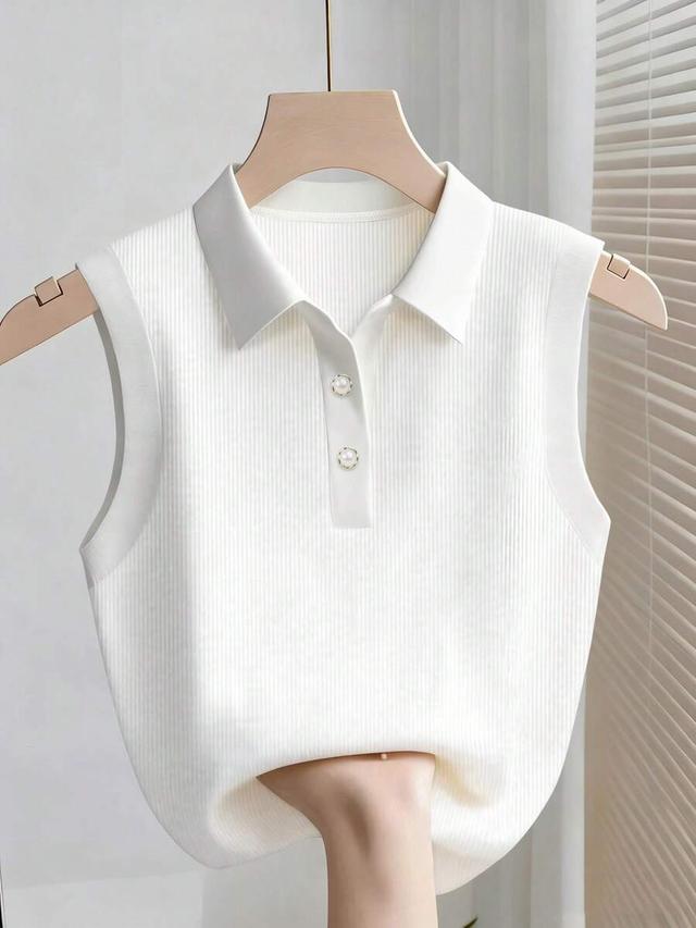 white ribbed polo collar sleeveless tank top