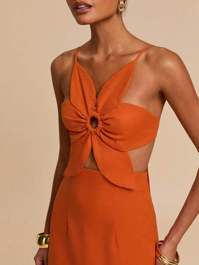 burnt orange cutout midi dress with floral ring detail