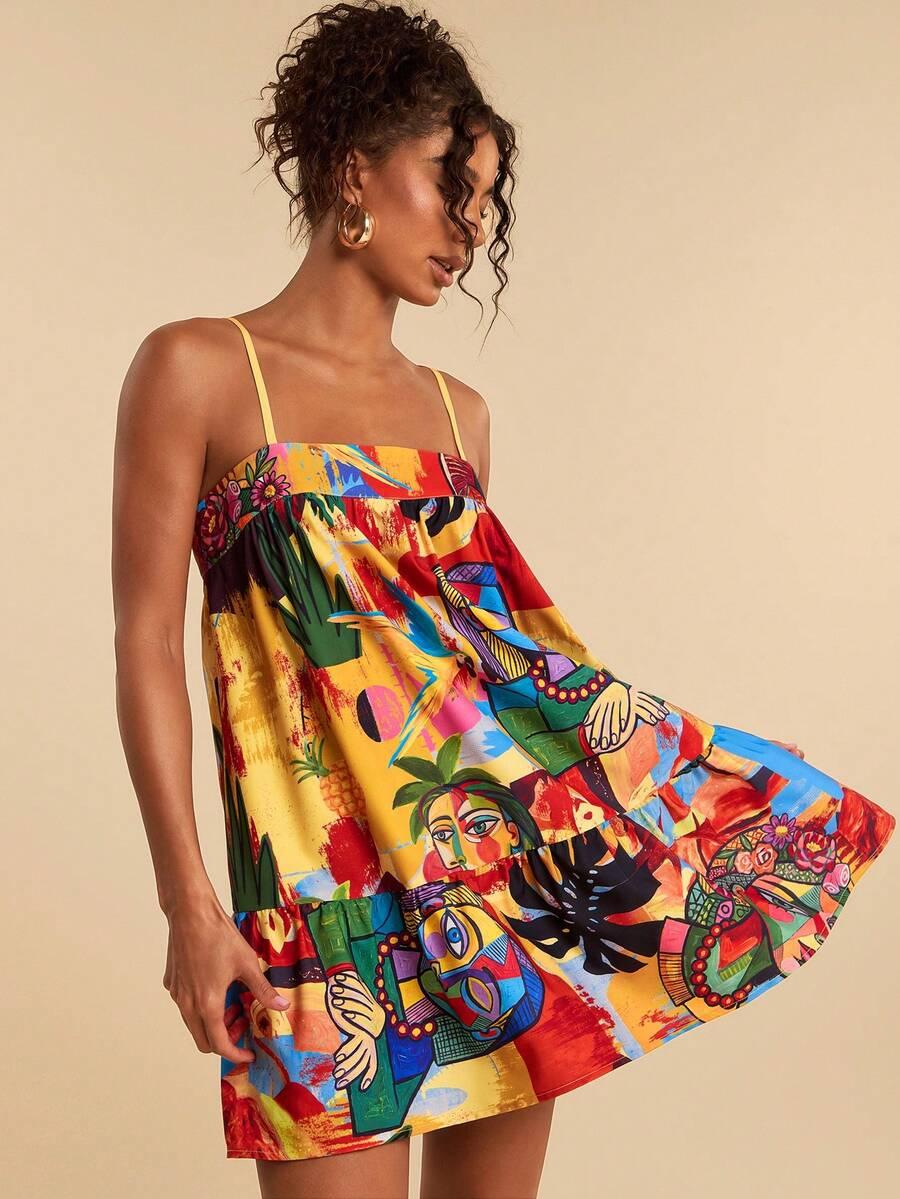 yellow abstract figure print sleeveless mini dress