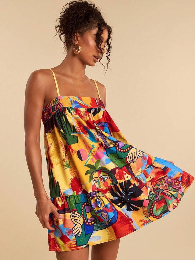 yellow abstract figure print sleeveless mini dress