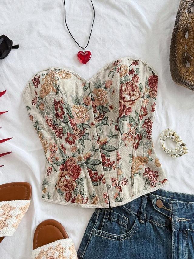 vintage beige floral jacquard corset tube top