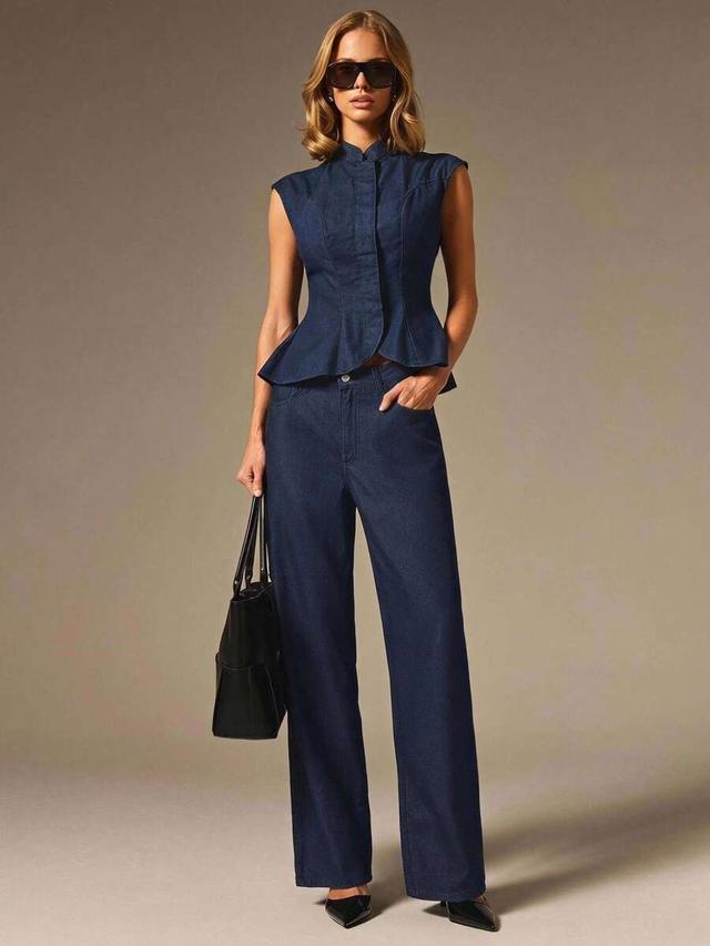 cosmina navy blue denim pleated shirt and pants set