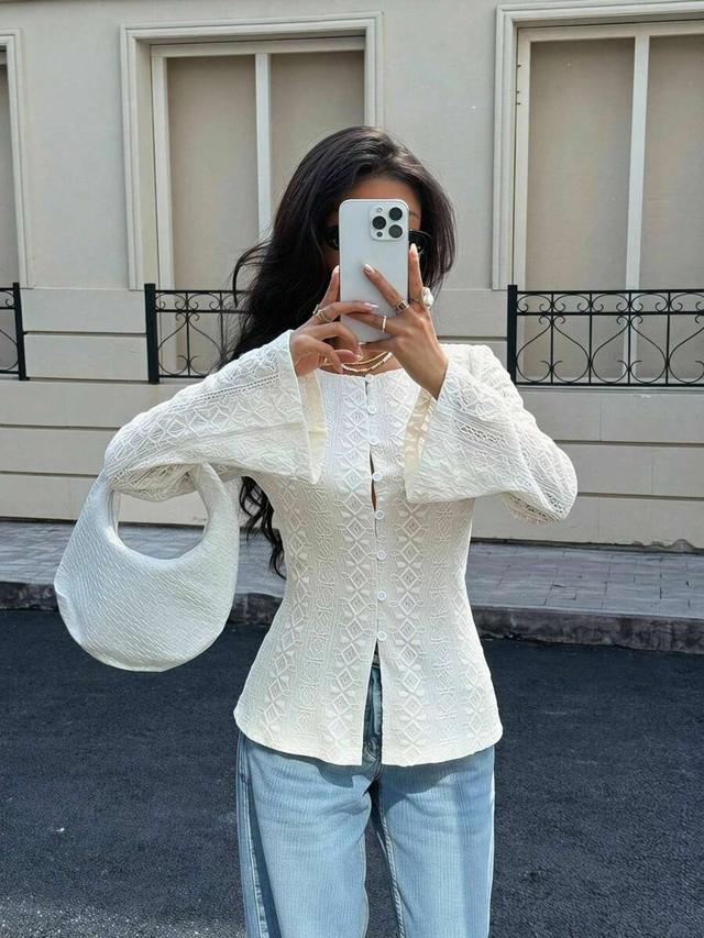 apricot lace square neck flared sleeve fitted top