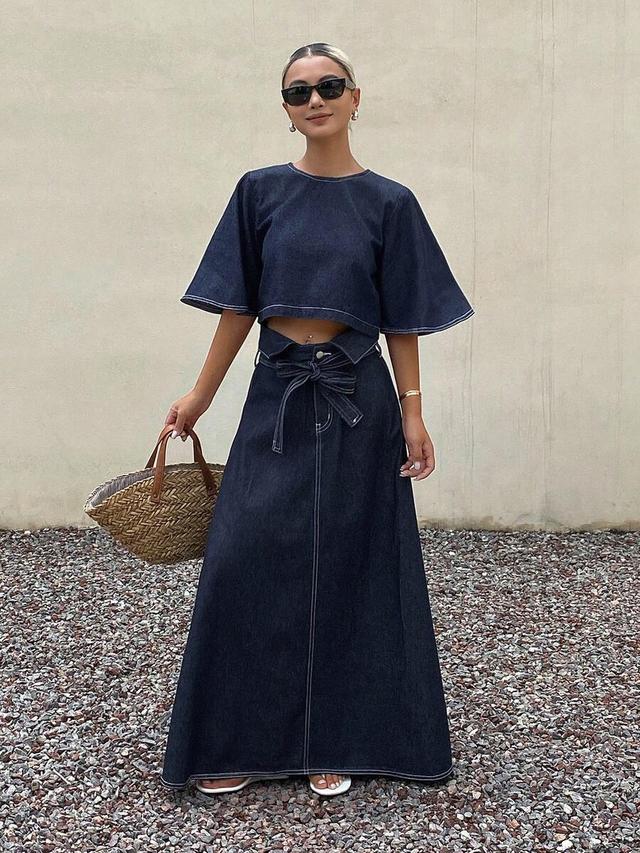 deep blue denim cropped top and a-line skirt set