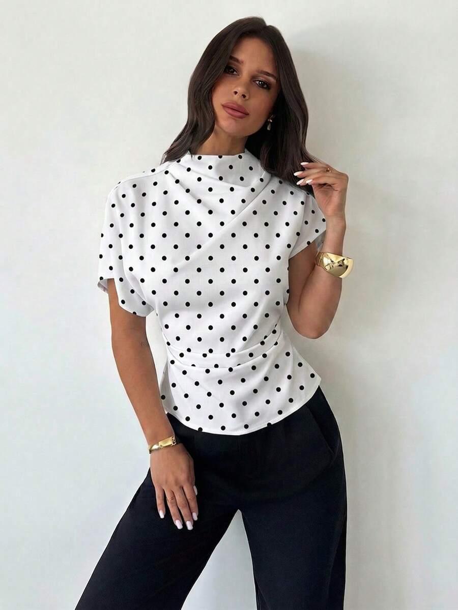 white and black polka dot ruched waist blouse