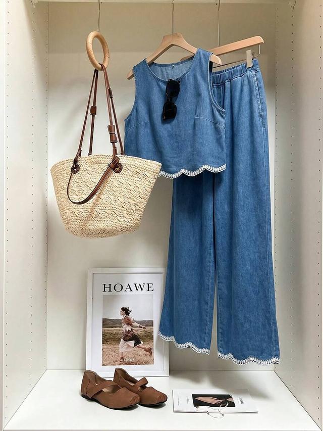 embroidered scalloped trim denim tank and wide leg pants