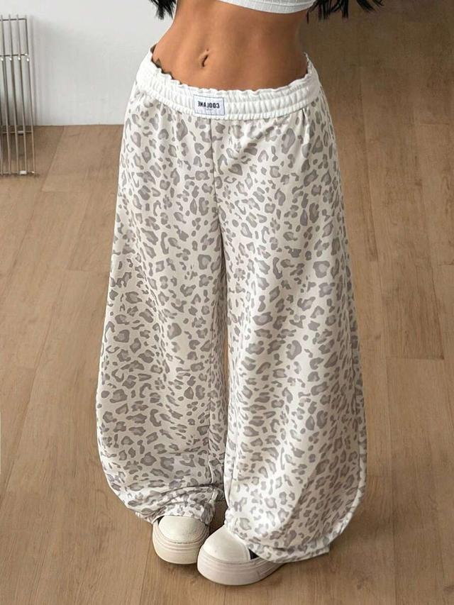 beige leopard print baggy wide leg sweatpants