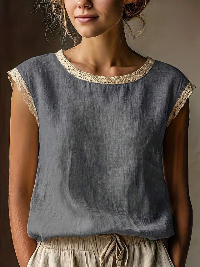 vintage linen short sleeve top with lace trim