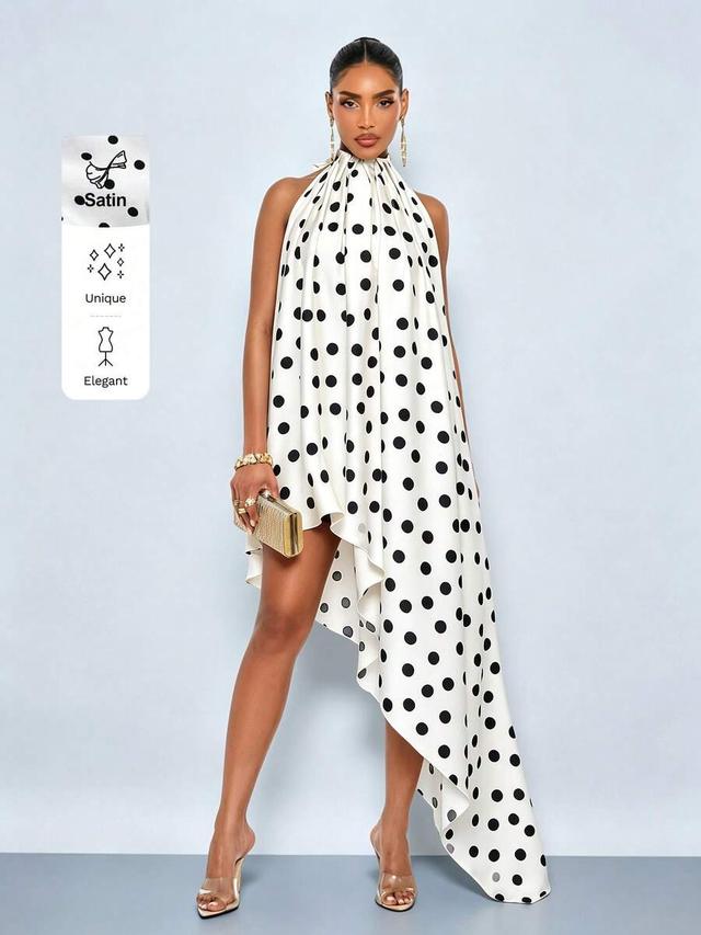 polka dot high-low halter neck dress