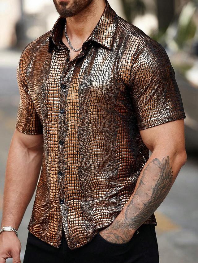 metallic bronze crocodile embossed short sleeve button shirt