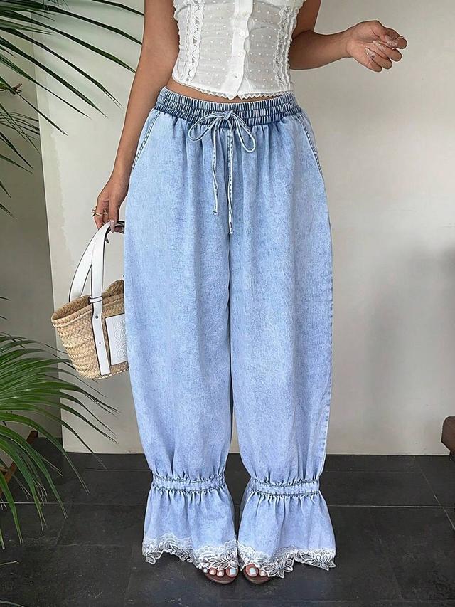 casual boho light blue lace patchwork drawstring jeans
