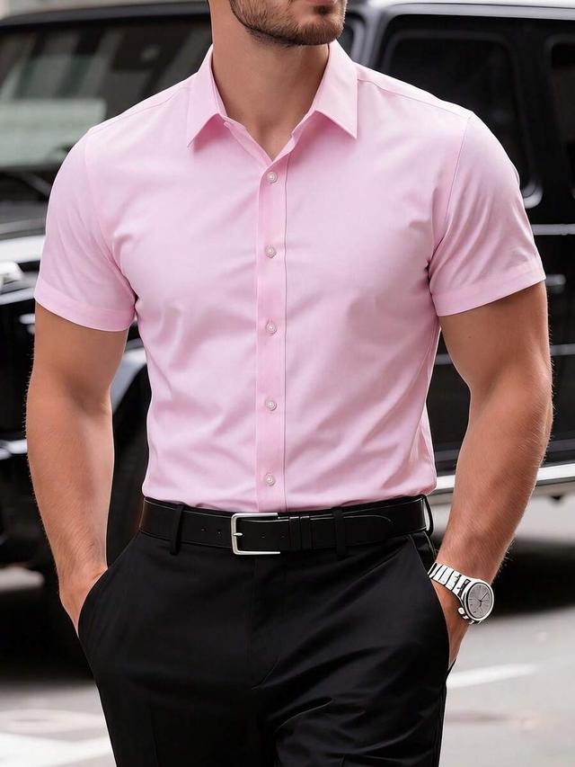 manfinity mode men's solid pink short sleeve formal shirt