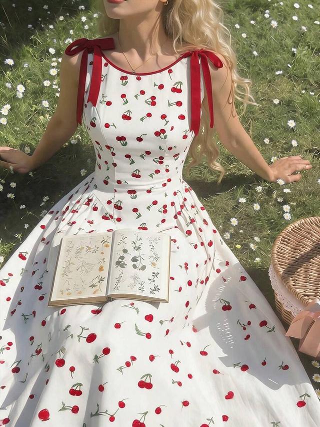 vintage cherry print a-line dress with bow straps