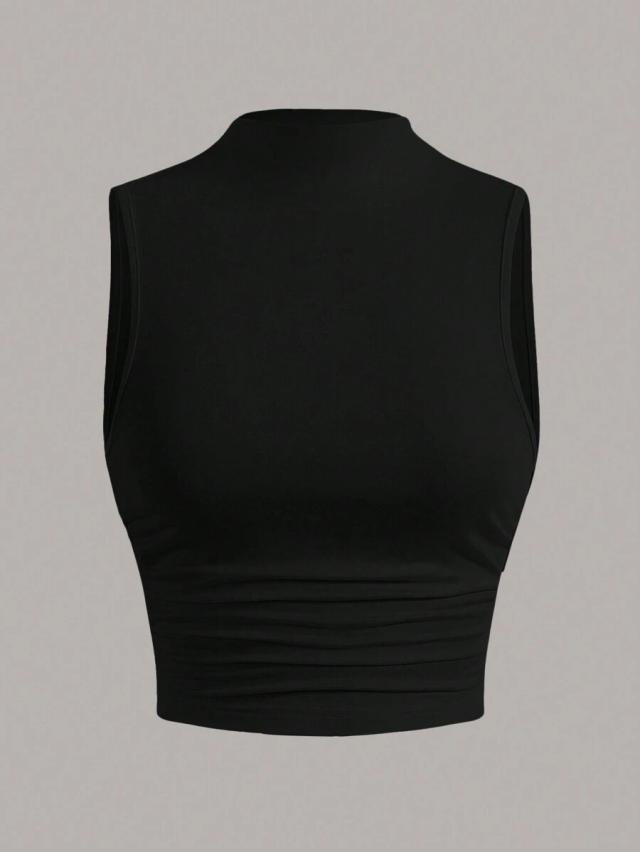 black mock neck ruched tank top