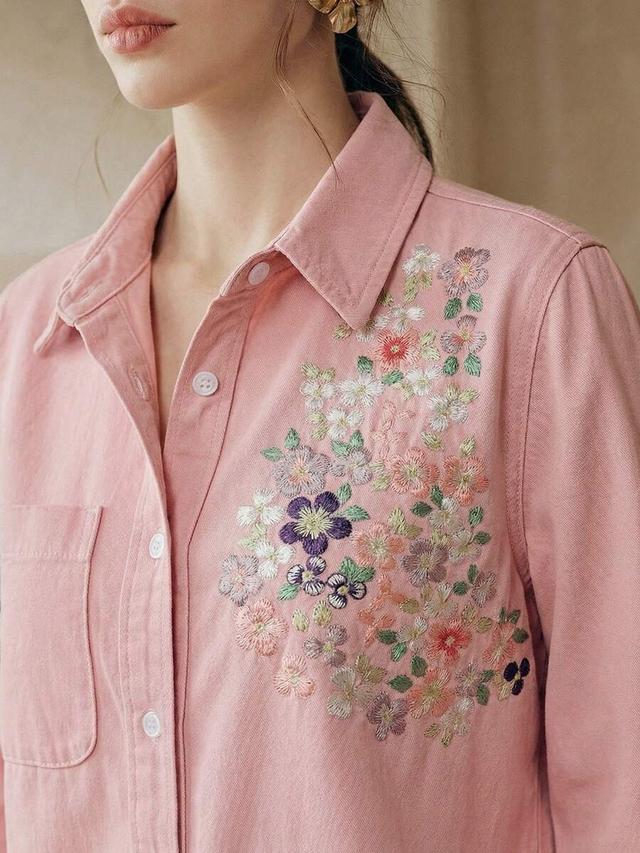pink floral embroidered long sleeve cotton shirt