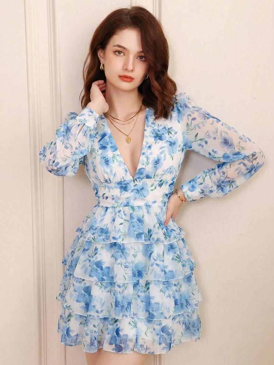 blue floral print long sleeve tiered mini dress