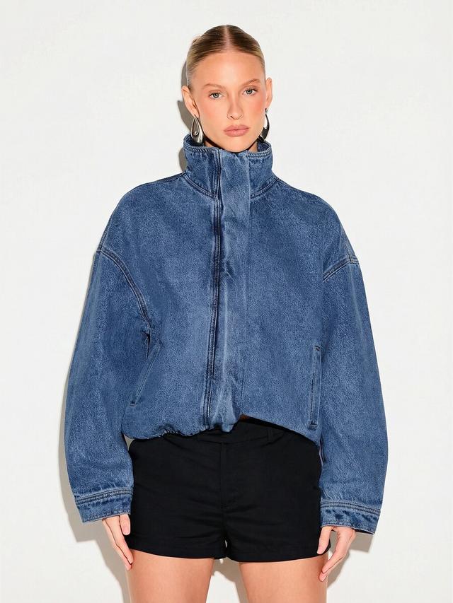 oversized blue denim zip-up bomber jacket