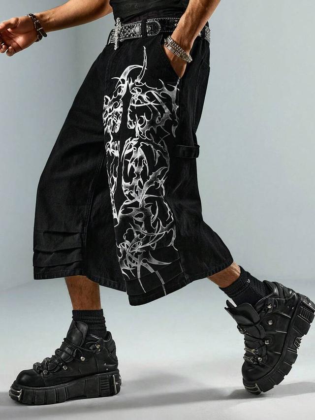black denim shorts with white thorn cross print