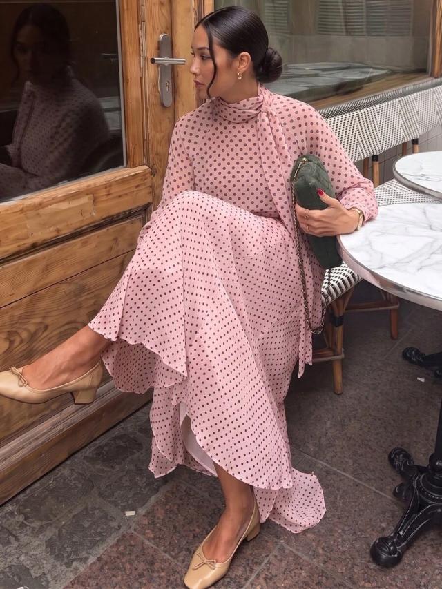 pink polka dot bow blouse and pleated skirt set