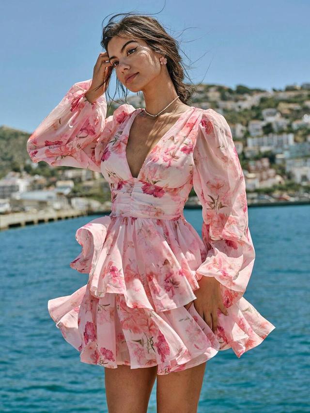 pink floral lantern sleeve tiered mini dress