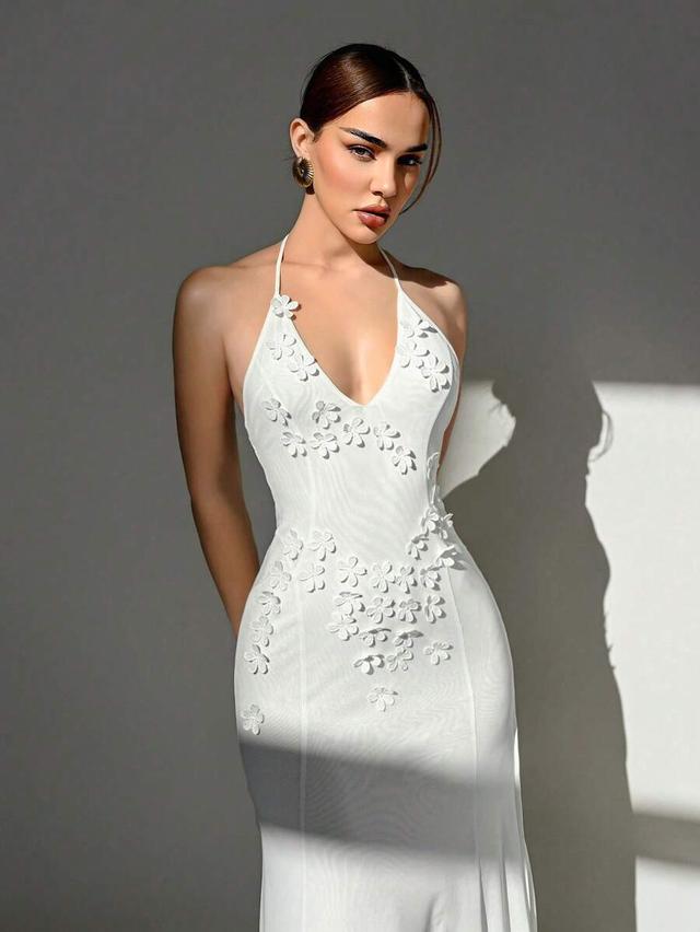 handmade 3d floral white mesh deep v slit dress