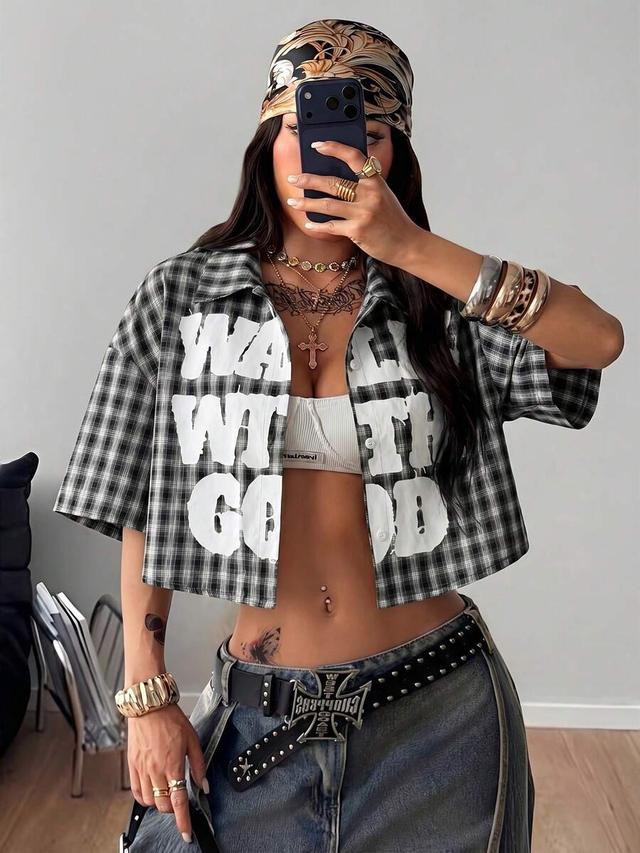 vintage preppy plaid loose crop shirt