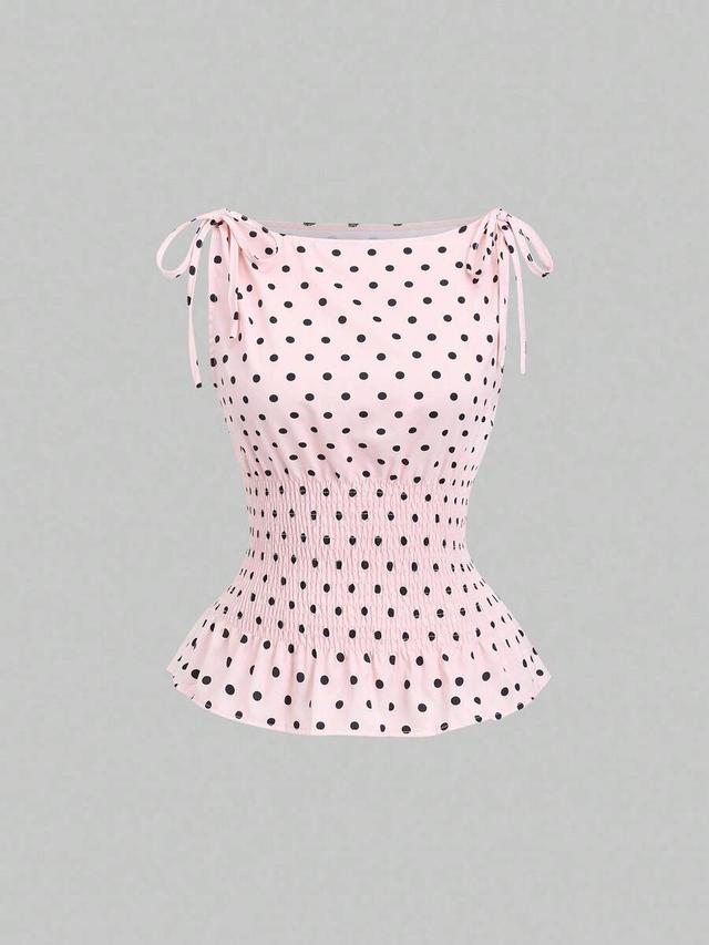pink and black polka dot sleeveless tie shoulder top