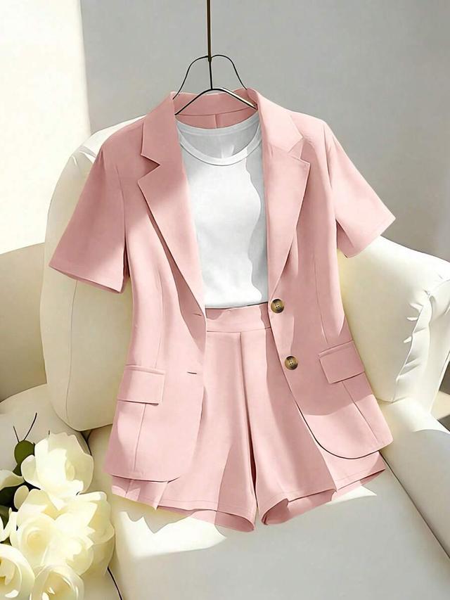 pink blazer style short sleeve jacket and shorts set