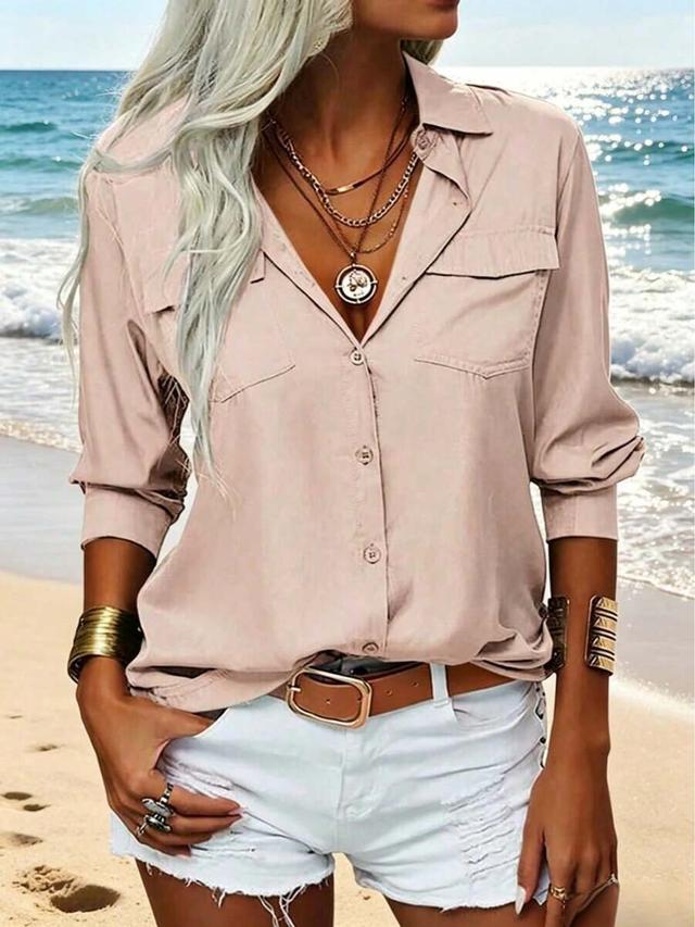casual beige button-up shirt with chest pockets