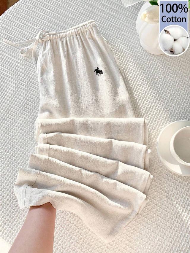 white cotton elastic waist drawstring straight leg pants