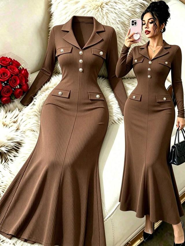 coffee brown ribbed knit long sleeve a-line dress