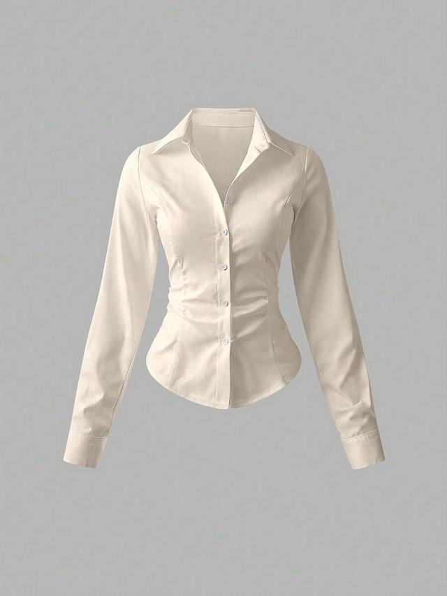 solid color cinched waist long sleeve button up shirt