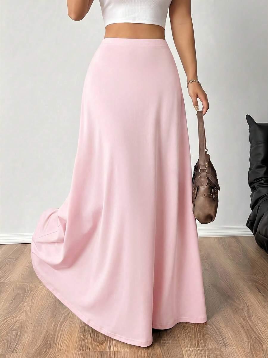 minimalist pink elastic waist a-line long skirt