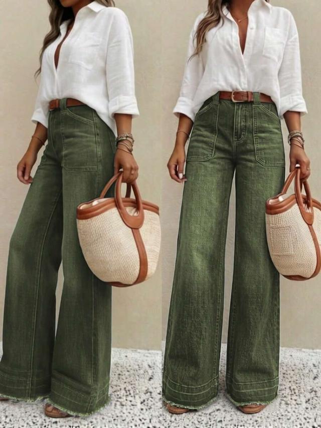 olive green wide leg denim jeans with patch pockets