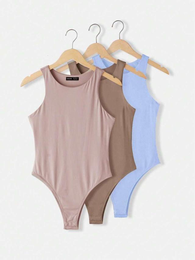 pink casual round neck sleeveless fitted knit bodysuit