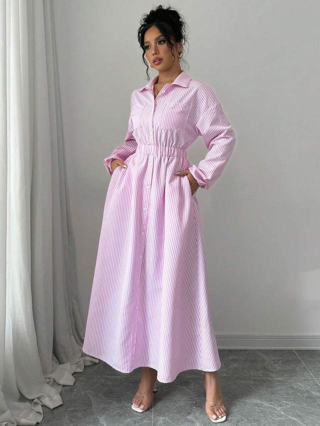 elegant pink stripe polo collar button-down shirt dress