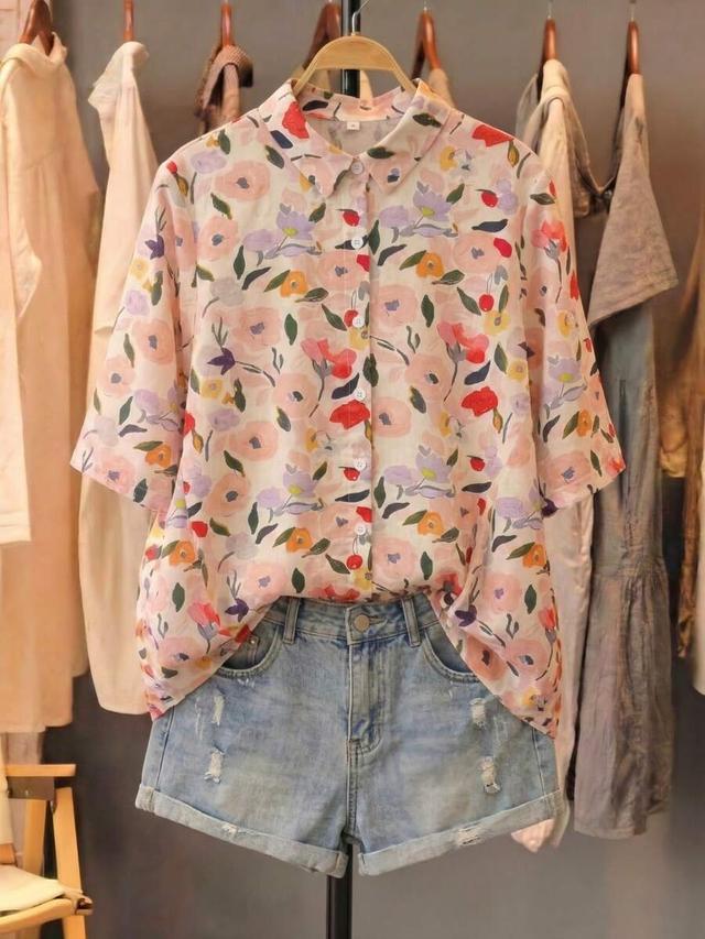 floral print button down short sleeve blouse
