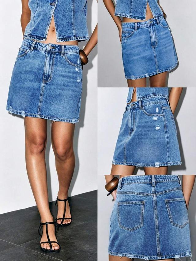 distressed blue denim mini skirt