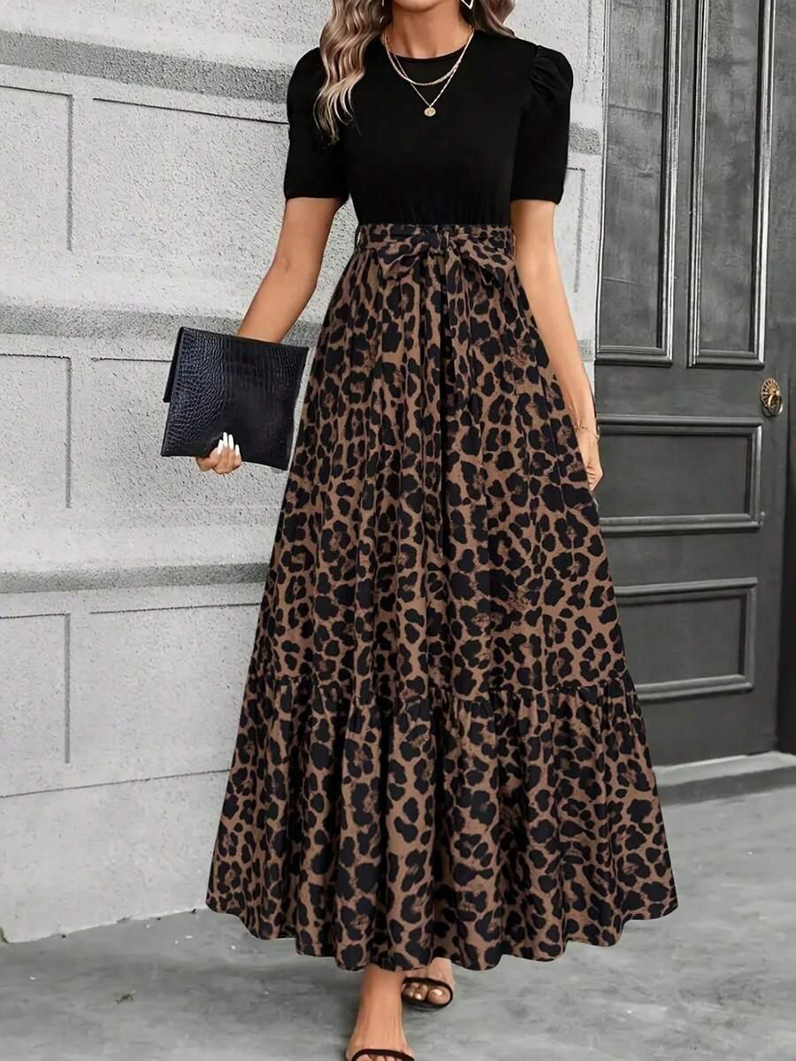 elegant leopard print a-line dress with puff sleeves